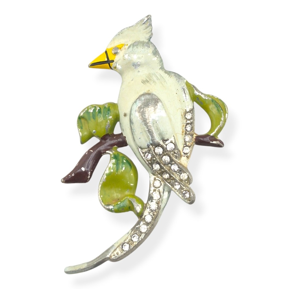 Vintage 1940s Enamel Bird Brooch Rhinestone Pot Metal Mid Century Pin 3.25"